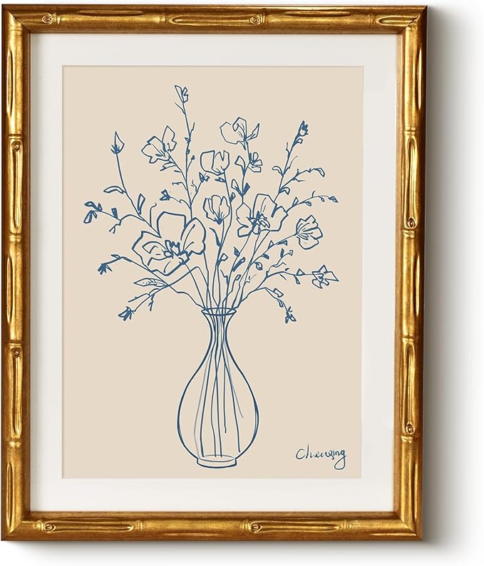 HUARCEY Botanical Blue Line Art 11x14 Inch Minimalist Flower Vase Print, Gold Bamboo-Textured Frame Modern Canvas Art for Living Room Bedroom Bathroom, Neutral Floral Home Office Gallery Wall Decor