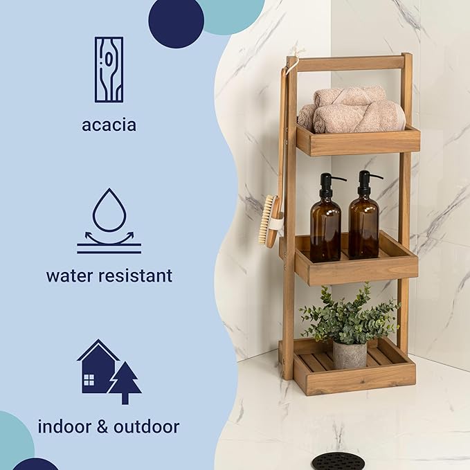happimess SHF1001T Tilly 30" Classic Rustic 3-Tier Acacia Wood Freestanding Bathroom Shower Caddy with Handle, Rack for Bath, Office, Kitchen Desktop, Light Teak