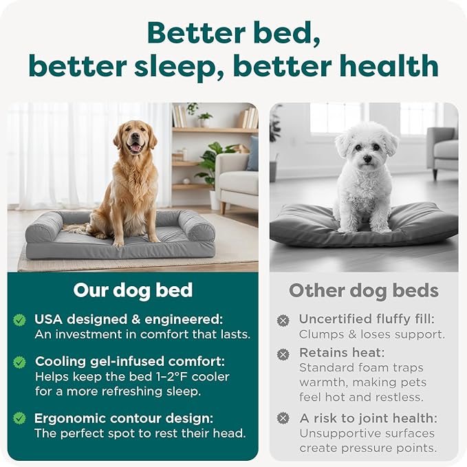 FurHaven Cooling Gel Dog Bed for Large Dogs, L-Shaped Chaise with Cool Gel-Top Foam with a Solid Orthopedic Foam Base for Joint Support, Removable Washable Cover, Jumbo/XL, Plush & Suede, Stone Gray