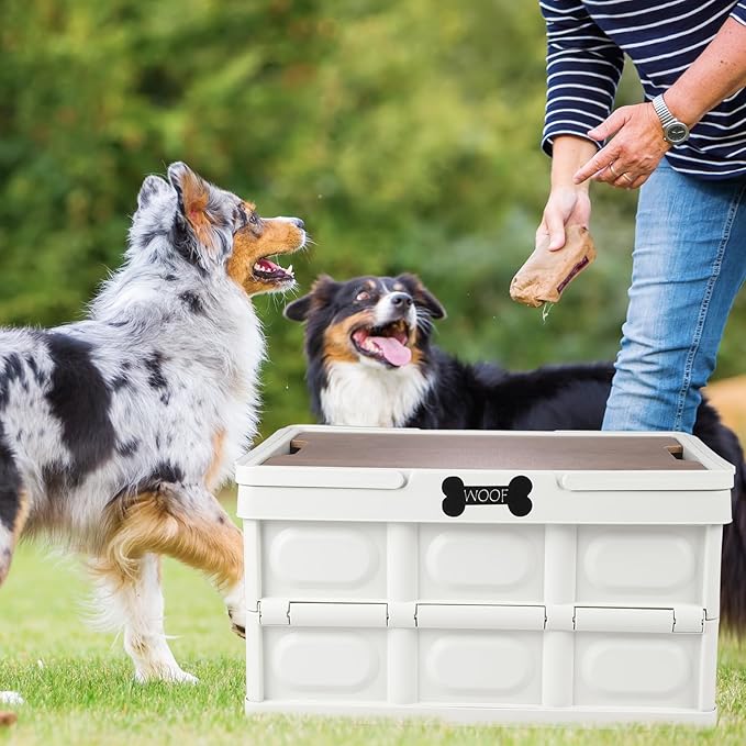Morezi Outdoor dog toy bin chew proof box storage in plastic foldable designed dog stuff organizer great for pet food organizing toys leashes clothing in outside cream