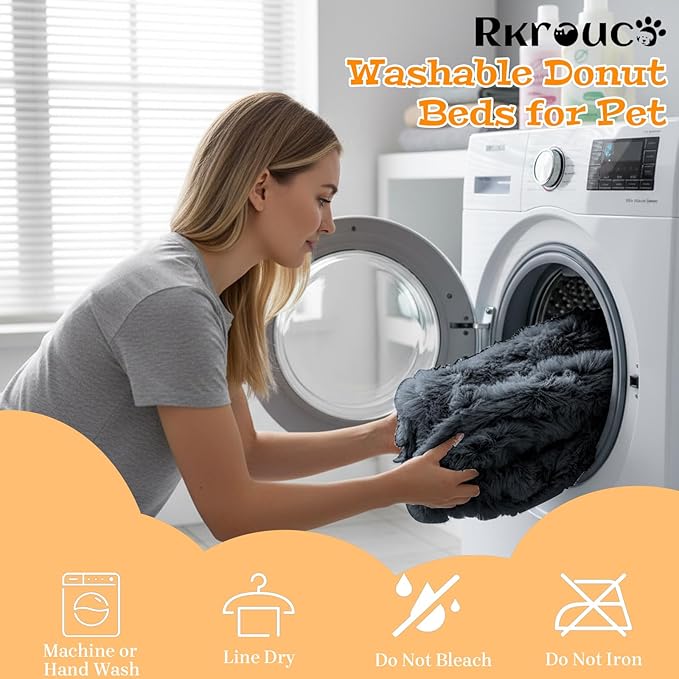 Fluffy Dog Bed Calming Donut Beds for Large Dogs Warming Round Small Medium Pet Nest Cozy Cat Mattress Indoor Washable Puppy Kennel Kittens Sleep Mat (S, 23.6×23.6 inch, Dark Gray)