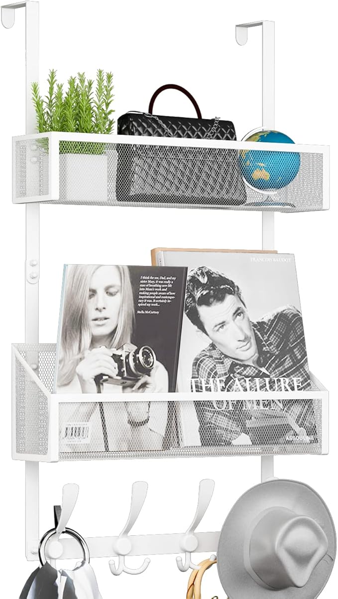 Over The Door Hooks Organizer, Coat Rack Over The Door Storage Hanger Towel Rack, Back of Door Storage Organizer for Bathroom,Bedroom,Kitchen,Office (White, 3-Tier)