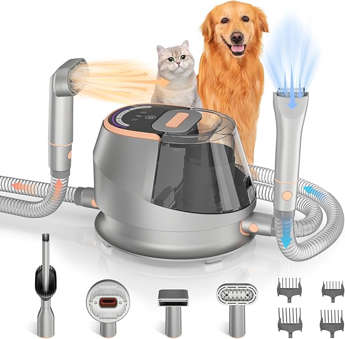 HiKiNS Dog Grooming Vacuum Kit,9 in 1 Dog Hair Vacuum Dryer Clipper Kits with 4.5L Dust Cup,18Kpa 1100W LED Display Pet Shedding Grooming Quiet with Adjustable 3 Modes Suction&Temperature(Upgraded)
