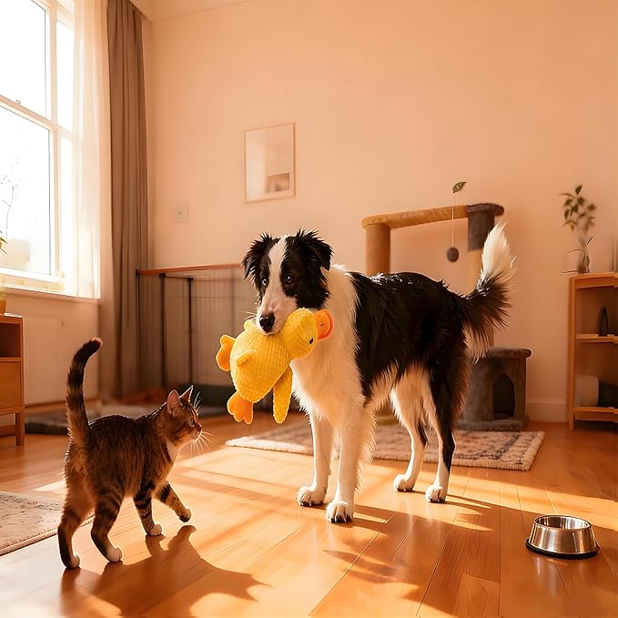 Calming Plush Duck Toy for Dogs & Cats - Interactive Squeaky Chew Toy with Realistic Quacking Sounds for Anxiety Relief - Soft Pet Comfort Toy for Indoor/Outdoor Play, Pet Use Only (Yellow, Large)