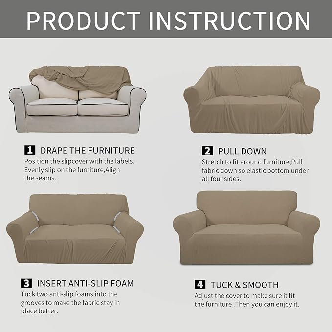 Easy-Going Stretch 4 Seater Sofa Slipcover 1-Piece Sofa Cover Furniture Protector Couch Soft with Elastic Bottom for Kids, Polyester Spandex Jacquard Fabric Small Checks Natural