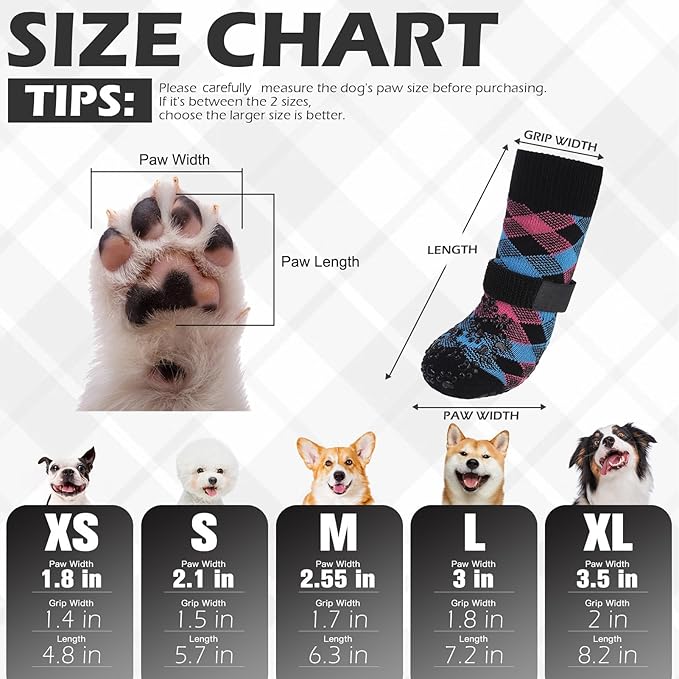 EXPAWLORER Dog Socks for Cold Winter Snow to Prevent Licking Paws, Anti Slip Doggie Booties Grippy Shoes for Hardwood Floors, Boots & Paw Protectors for Small Medium Large Senior Dogs Pink Blue L