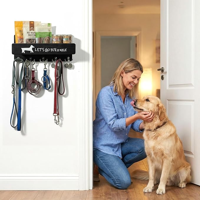 Wood Dog Leash Holder for Wall, Key Hangers with 5 Double Key Hooks, Dog Leash Hanger Wall Mounted for Entryway, Farmhouse Treats,35cm,Black