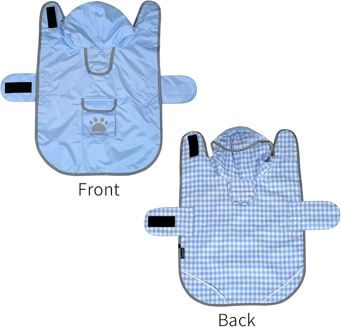 MAMORE Dog Raincoat Reversible,Waterproof Dog Rain Coat Hooded Slicker Poncho with Reflective Strip, Plaid Double Layer Rain Jacket for Small Medium Large Dogs (Light Blue, X-Large)