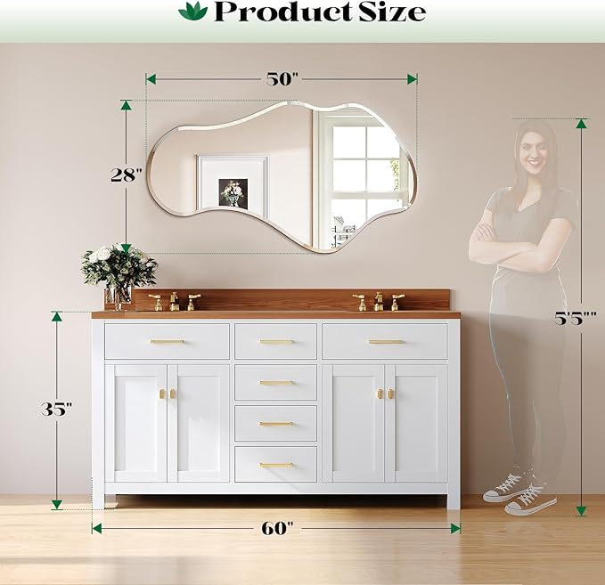 Irregular Wall Mirror, 28”x50” Frameless Asymmetrical Mirror, Beveled Frameless Funky Wavy Wall Mirrors for Entry Way Modern Bathroom Bedroom Living Room