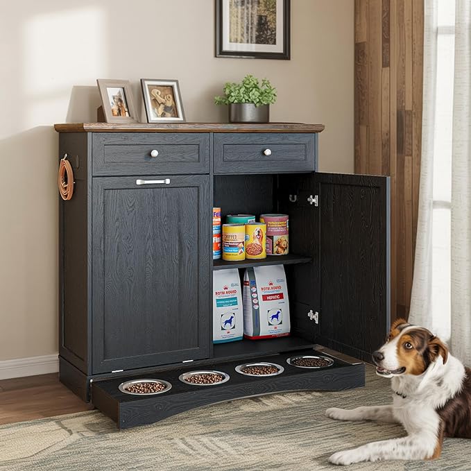 Double Door Dog Feeding Station with Storage,2X13 Gallons Tilt Out Trash Can Cabinet,Dog Food Cabinet with 4 pcs Dog Bowl for Kitchen/Living Room (Black, Double Door)