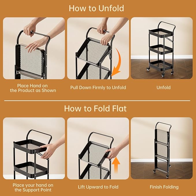 JAQ No Assembly Foldable Rolling Cart, 3 Tier Black Metal Folding Utility Cart with Handle, Heavy Duty Mobile Storage Organizer on Wheels for Office, Garage, Tools & Kitchen (Black)