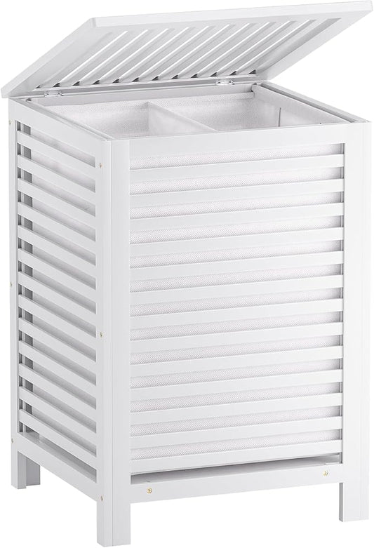 SMIBUY Double Laundry Hamper with Lid, 120L Bamboo Laundry Basket with Removable Liner Bag, 2-Section Clothes Divider Laundry Sorter for Laundry Room, Bathroom, Bedroom (White)