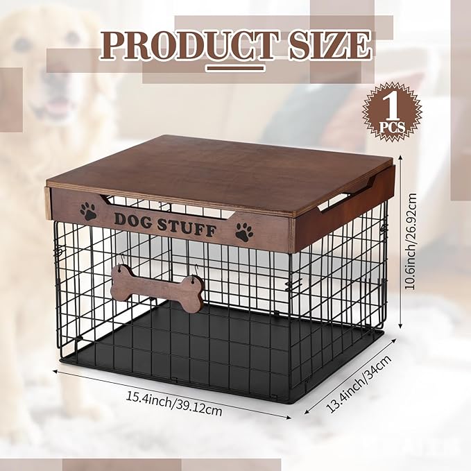 Dog Toy Bin Basket with Lid, 15.4'' Large Metal Dog Toy Storage Box with Bone Handle, Organizer Chew for Living Room, Farmhouse Food Storage Organizer for Leash Chew Blankets Clothes(Brown)