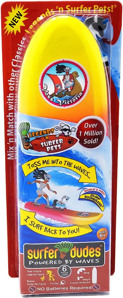 Surfer Dudes Legends & Surfer Pets Wave Powered Mini-Surfer, Pet and Surfboard Beach Toy - Voss Victoria and Bulken