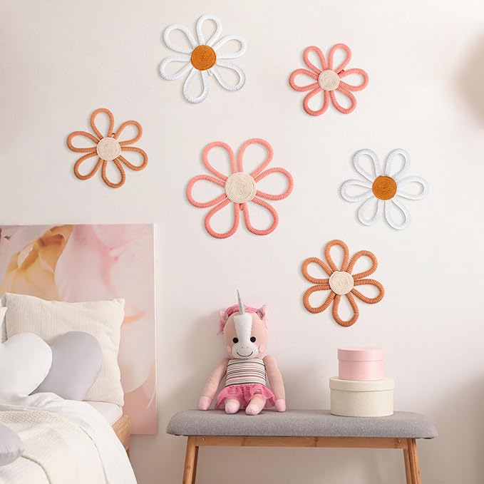 Barydat 6 Pcs Boho Nursery Decor Daisy Flower Woven Macrame Wall Hanging 3 Size Daisy Flower Wall Decor Bohemian Nursery Decorations for Home Dorm Art(Pink, Brown, White)