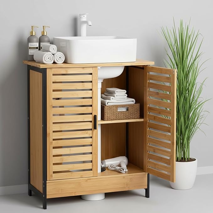 24" Bamboo Pedestal Under Sink Storage Vanity Cabinet, Solid Waterproof Sliding Door Bathroom Organizer with Adjustable Shelf, Modern Bathroom Furniture(for Floor Drain)