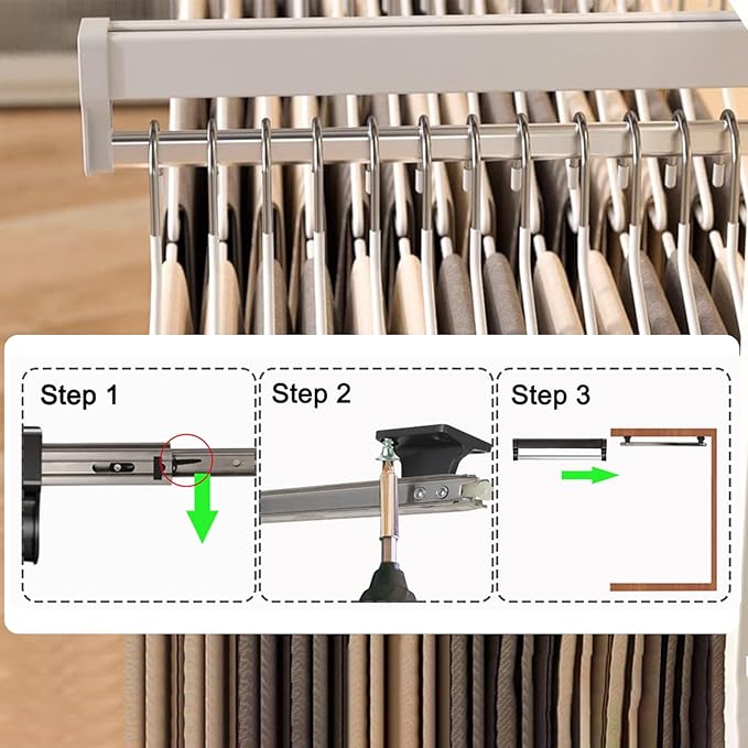 Pull Out Closet Valet Rod, Adjustable Sliding Heavy Duty Steel Top Mounted Clothes Storage Hanger Rail for Closet Wardrobe (347mm/13.7inch)