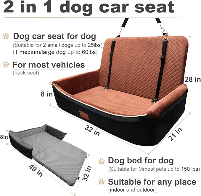 Youvee Dogs Car Seat and Bed 2 in 1,Pet Car Bed for 2 Small or 1 Medium/Large Dog up to 60 lbs,Dog Booster for car Back Seat,Safety,Comfortable,Storage Pocket,Fully Detachable and Washable(Black)