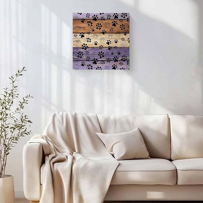 Framed Canvas Wall Art for Living Room Dog Paw Print Wall Decor, Retro Brown Purple Wood Grain Aesthetic Paintings for Bedroom Office Kitchen Bathroom, Ready to Hang Artwork Wall Pictures 16x16 Inch