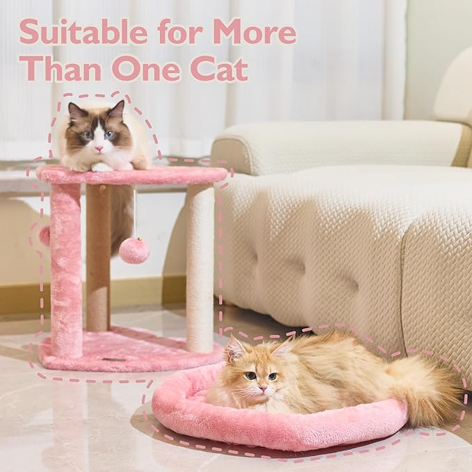 Cat Scratching Post Tree 3 in 1 Cat Tree Tower with Soft Bed, Heart Shape Scratch Posts with Two Hanging Ball Toys for Indoor Cats and Kittens Pink