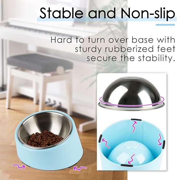 SuperDesign Mess Free 15° Slanted Bowl for Dogs and Cats, Tilted Angle Bulldog Bowl Dog Feeder, Non-Skid & Non-Spill, Easier to Reach Food L/2 Cup Blue