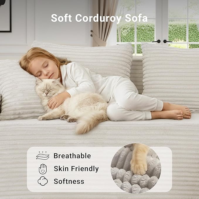 Claiks 110" Boneless Couch, Cloud Couch Sectional, U-Shape Corduroy Modular Sectional Sofa Deep Seat, Upholstered Couches for Living Room, No Assembly Required, Beige