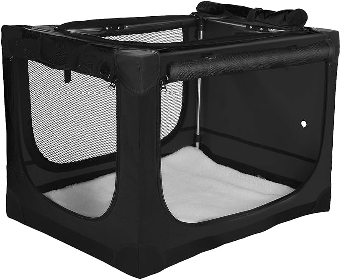 42-Inch Collapsible Travel Dog Crate, Portable 4-Door Soft Kennel for Medium to Large Dogs, Chew-Proof Mesh Windows, Indoor/Outdoor Use, Foldable, with Storage Bag (Black)