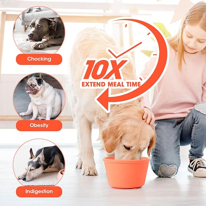 Slow Feeder Dog Bowl,Non-Slip Lick and Freeze Bowl for Dogs,Long Lasting Silicone Licking Mat for All Dog Sizes,Anti-Chocking and Reduce Anxiety(Orange)