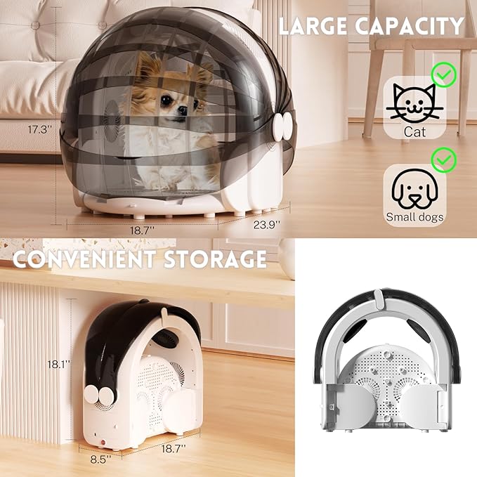 Foldable Automatic Pet Dryer Box for Cats and Small Dogs,Ultra Quiet Cat Hair Dryer with 8 High Velocity Fans 360 Drying Temperature Control 4-Speed Settings Timer Smart Pet Drying Box