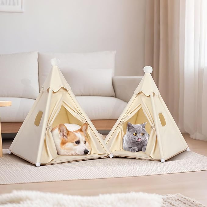 Standard Cat & Mini Dog Teepee Tent House (Int 20x20x20in/Ext 22x22x25in) for Standard Chihuahua, Shih Tzu, Tiny Pomeranian, Tiny Bichon Frise, Mini Poodle, Cotton Canvas & Stable Frame