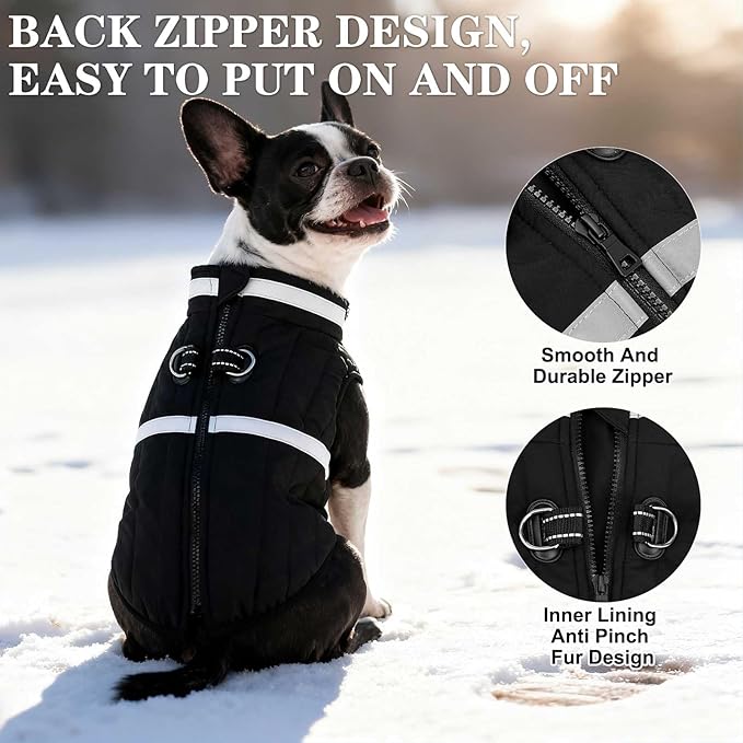 EXPAWLORER Dog Winter Coat Jacket, Thick Warm Waterproof Reflective Puppy Snowsuit With Harness Buit In, Pet Fleece Vest Soft Turtleneck With Zipper Cold Weather For Small Medium Large Dogs - Black, L