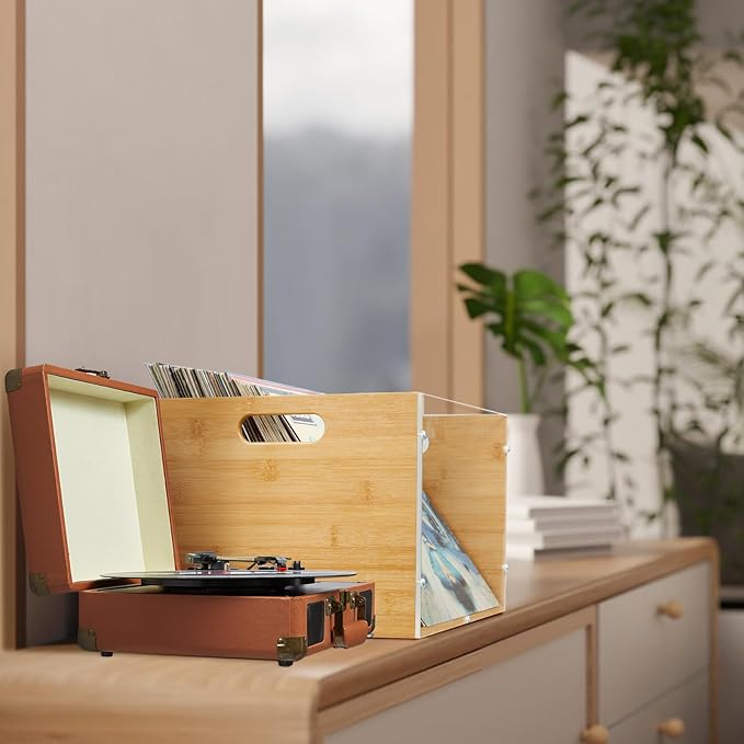 X-cosrack 3-Pack Vinyl Record Storage Box Crate, Visualize Acrylic & Bamboo Cube LP/Album Organizer Shelf Holder with Handle, Easy to Assemble