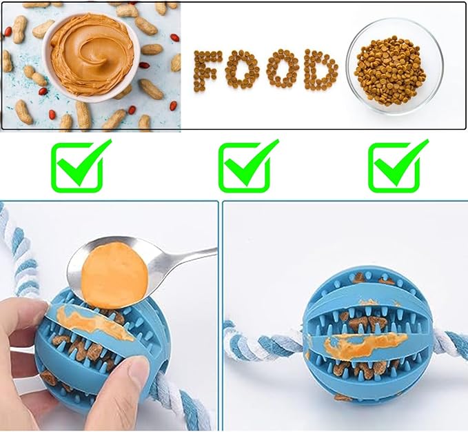 Interactive Dog Chew Toys Crate Training Aids for Puppies, Puzzle Treat Dispenser with Rope Dogs Toy Ball Reduce Stress Anxiety Peanut Butter Dog Food Treat Dispenser Toys (Blue)