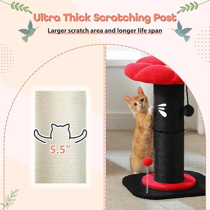 PEQULTI Flower Cat Scratching Post, Gothic Cat Tree, Tall Scratcher for Indoor Cats with Super Thick Scratching Post [Dia=5.5''], Removable Flower Bed, Cat Scratch Post with Spring Ball, Black