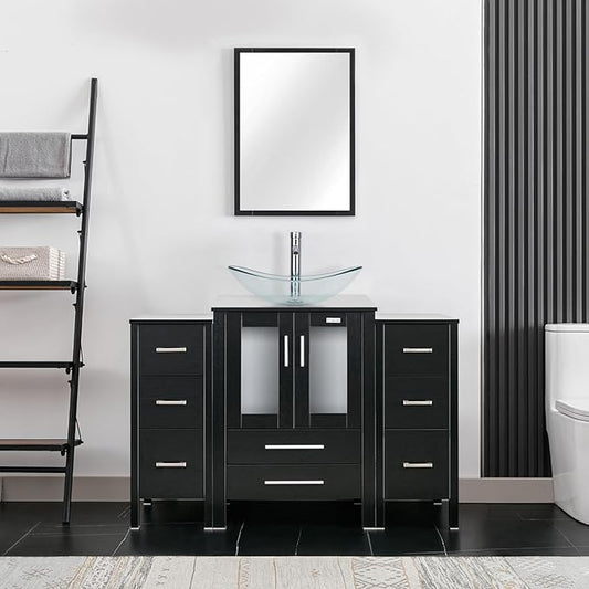 eclife 48" Modern Bathroom Vanity Sink Combo Freestanding Cabinet with Small Side Cabinet, Clear Boat Glass Vessel Sink, Water Save Faucet, Drain (Black+A29TT)