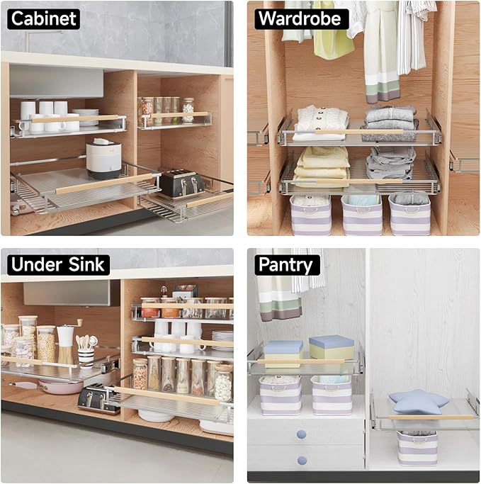 1Pack Expandable Pull Out Cabinet Organizer, Slide Out Drawers for Kitchen Cabinets, Heavy Duty Drawer Slides for Home Kitchen Pantry Cupboard Pots Pans, Adjustable Width 12.3"~18.5" W x 22.5''D