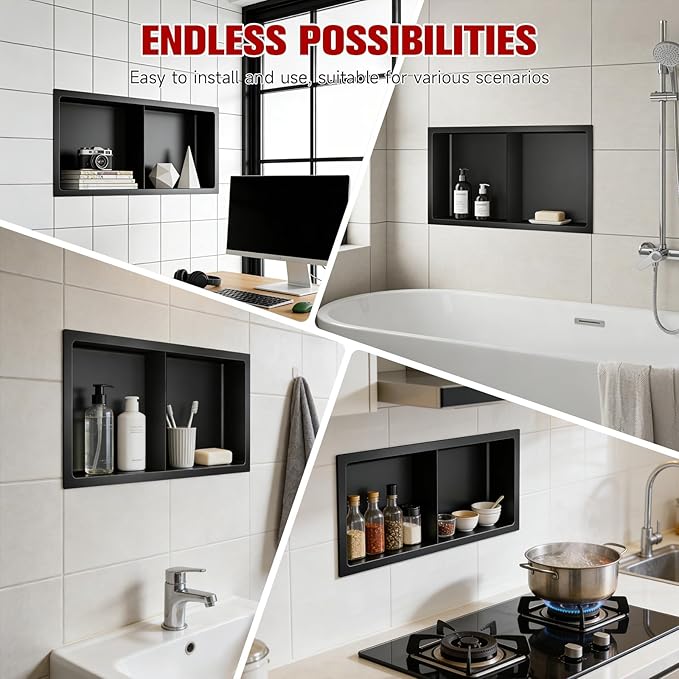 No Tile Needed Shower Niche 13"X 25", Bathroom Wall Niche Double Shelves, Stainless Steel Shower Niche for Bathroom, Kitchens, Balconies