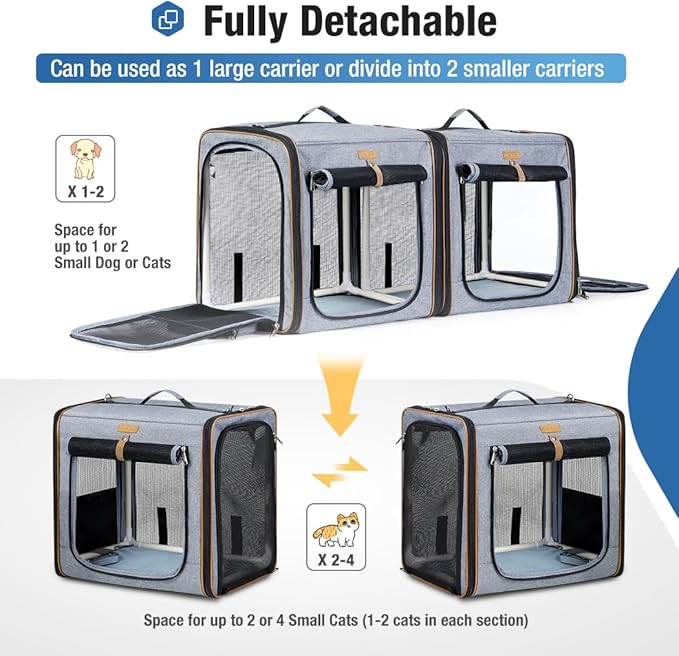 Lekereise 2-in-1 Cat Travel Carrier with Litter Box, (20.85" x2) x19.7"x19.7" Large Cat Carrier with Zipper Locks for Moving Across The Country (No Hammock) - Grey