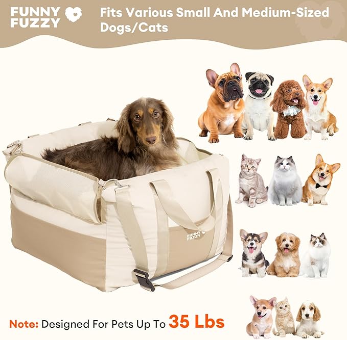 FUNNY FUZZY Waterproof Dog Car Seat for Small & Medium Dogs Up to 35lbs, Detachable & Washable Pet Booster Seat with Leash, Thick Cushion, Storage Pockets & Adjustable Straps (Beige)