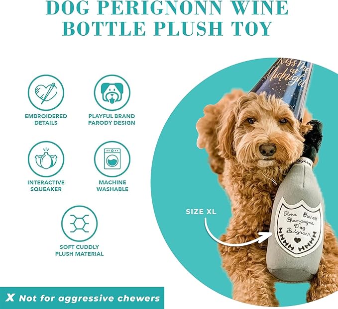 Haute Diggity Dog Champagne Dog Perignonn, Plush Designer Dog Toys with Interactive Squeaker, Stimulating Pet Enrichment, Machine-Washable & Safe Materials for All Breeds, Size Small