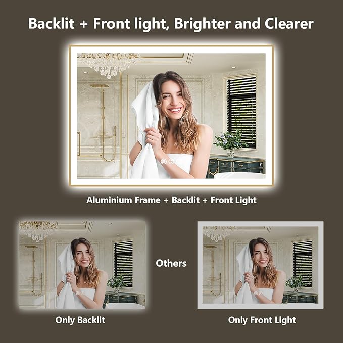 30x30 Inch LED Bathroom Mirror with Lights (Front Lit and Backlit) Gold Framed Lighted Vanity Mirror for Bathroom Wall Dimmable Anti-Fog Memory Tempered Glass Horizontal/Vertical