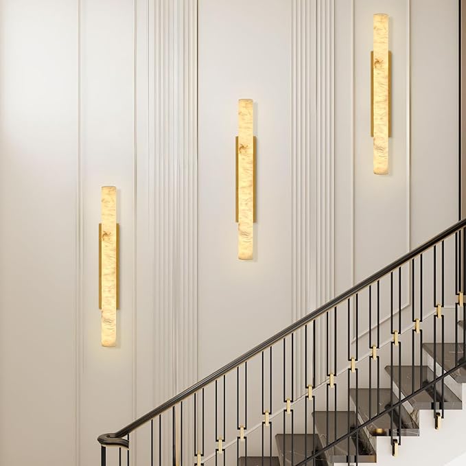 Natural Alabaster Wall Sconces, 36" Large Bronze Wall Sconce, Modern Gold LED Sconce, Cylinder Spanish Marble Sconces Perfect for Living Room, Bedroom, Hallway, Stairs