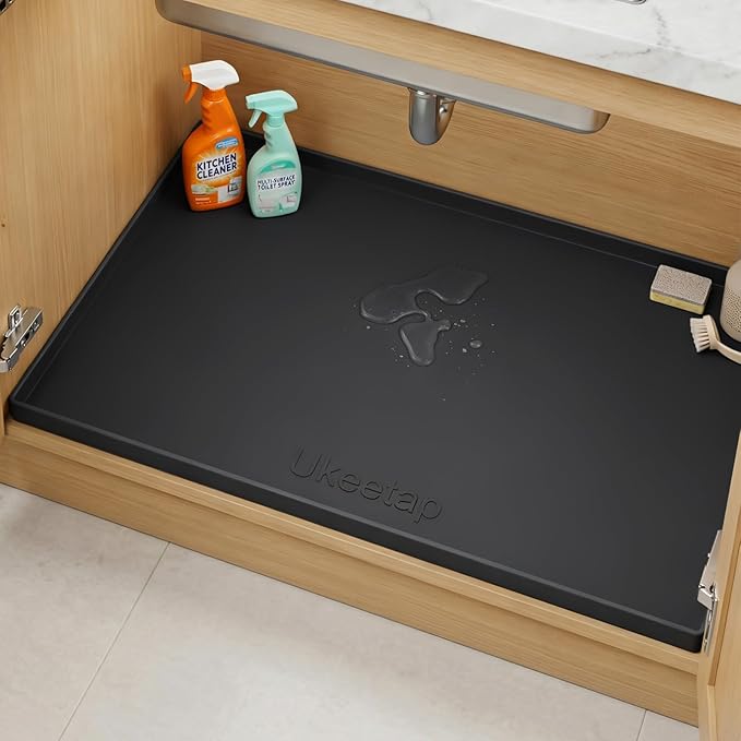 Extra Thick Silicone Mat Waterproof with Raised Edge 34" x 22", Under Sink Mat for Kitchen & Bathroom, Kitchen Cabinet Liner, Multi-Purpose for Storage & Protection, Black