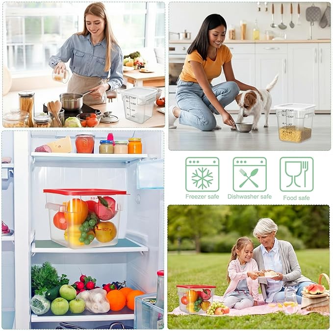 Lallisa 4 Pcs 8qt & 4qt Clear Food Storage Containers with Lids Handles and Scales, Stackable Plastic Square Food Storage Containers for Dough Proofing Baking Kitchen Restaurant(White, Red)