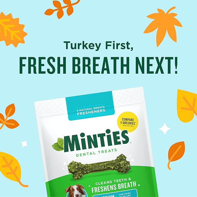 Minties Dental Chews for Dogs, 20 Count, Vet-Recommended Mint-Flavored Treats for Medium Dogs 25-50 lbs, Dental Bones Clean Teeth, Fight Bad Breath, and Removes Plaque and Tartar
