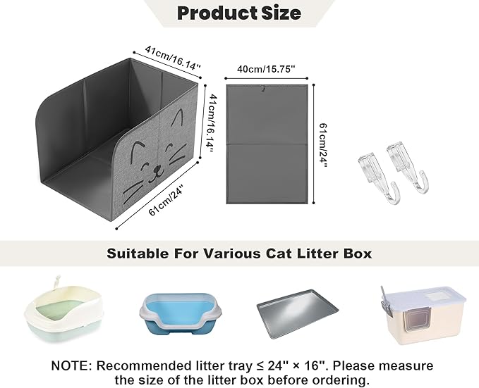 Beveetio Anti-Leakage Cat Litter Box Enclosure Splash Guard, High Side Cat Box Enclosure, Large Pee Shield for Litter Pan with Removable Mat & 2 Scoop Hooks, Easy to Clean, 24"L X 16.14" W X 16.14"H