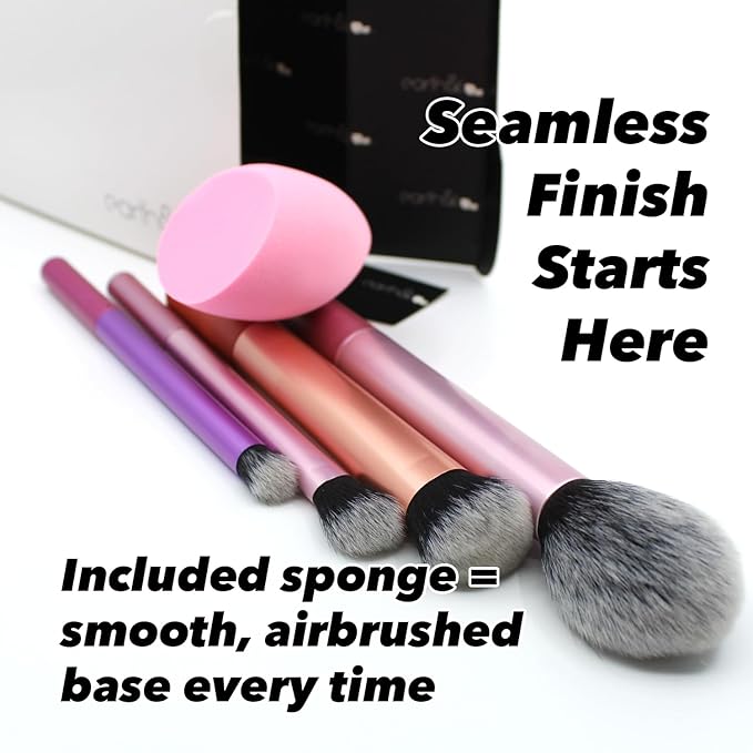 Earth & I Complexion Perfection 5-Piece Set – 3 Pro Face Brushes + 1 Master Eye Blender + 1 Chiseled Sculpting Sponge – Metallic Sateen Pink & Rose Gold – Professional Airbrush Base Kit