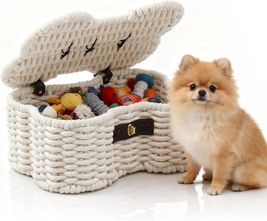 Dog Toys Bin, Cotton Rope Basket Bone Shaped Pet Toys Organizer, Handmade Pet Toy Bin, Woven Baskets for Storage, 14.96" x 11.22" x 6.5"inch