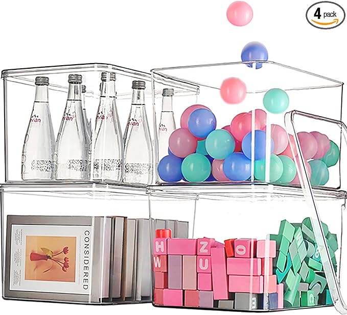 Clear plastic storage bins with LIDS-4packs,storage containers for snacks, cosmetics, books, dog food, Storage Organizer for Nursery，Kitchen, Living room,Bedroom, Bathroom, Office