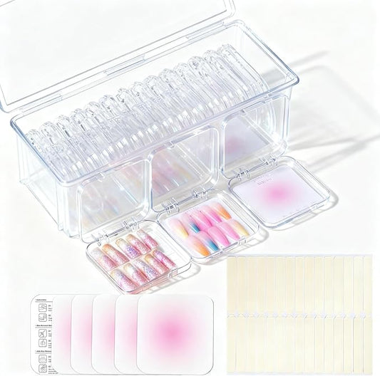 15PCS press-on nail storage set includes 1 Clear Organizer, 14 Nail Display Case Fake Nail Instructions and Double Sided Adhesive Artificial False Nail Box Acrylic Organizer Nail Case